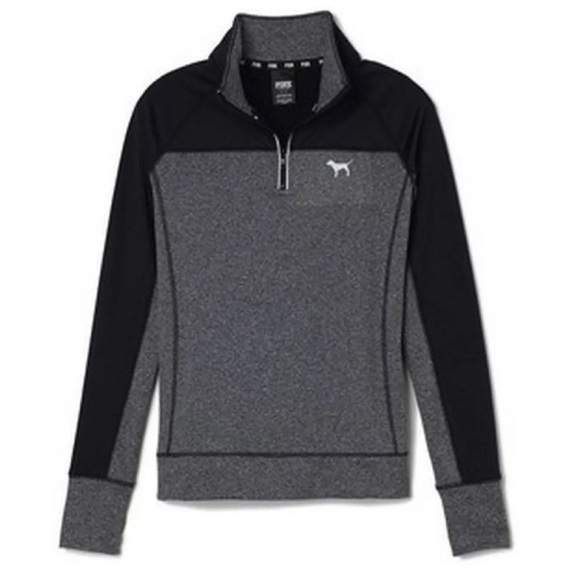 Victoria’s Secret PINK Quarter 1/4 Zip Pullover Sweatshirt Gray Black Small Logo - Picture 1 of 8